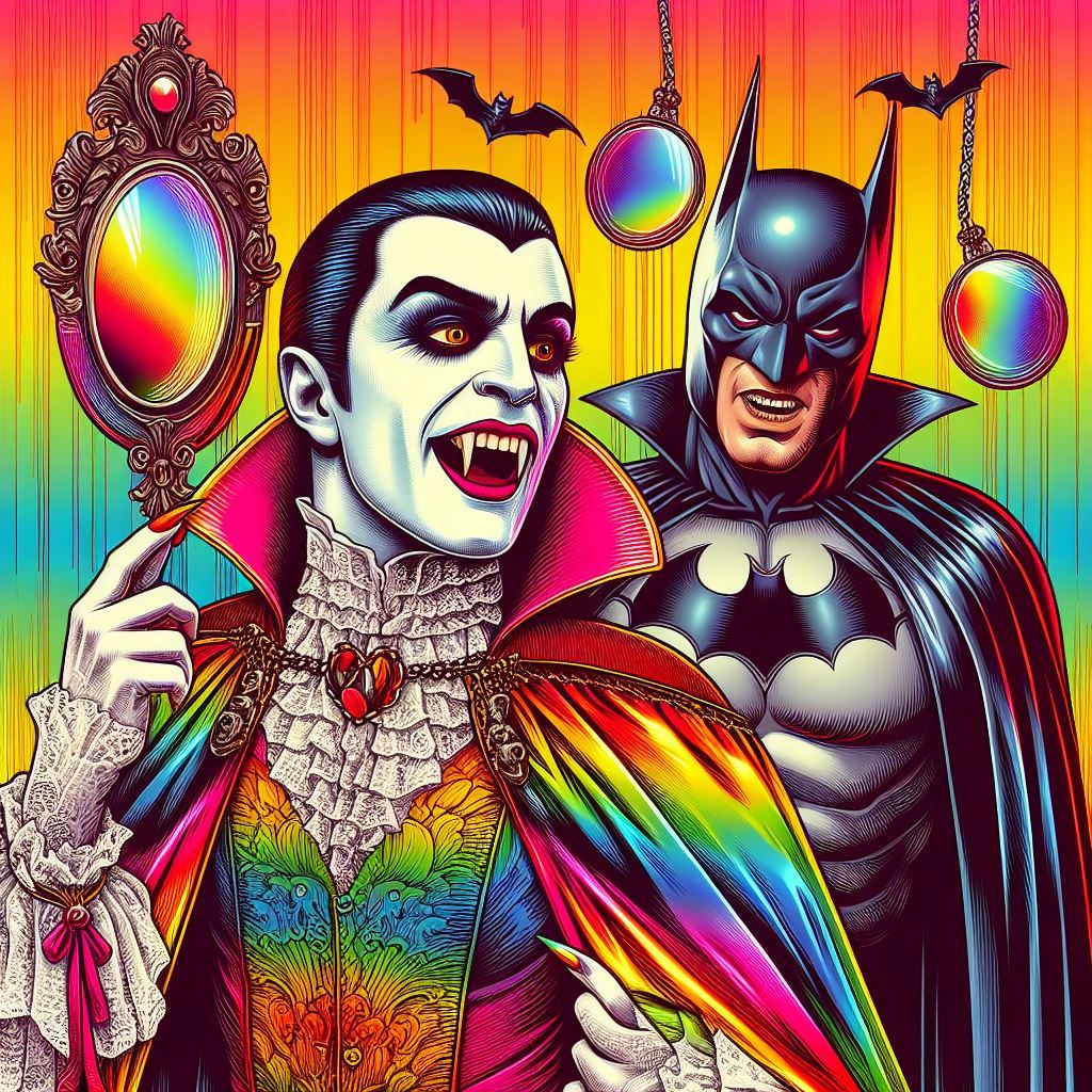 Vampire Batman The Dark Knight Detective. Allover Gradient Rainbow Colour Satin Print Hooded Kaftan