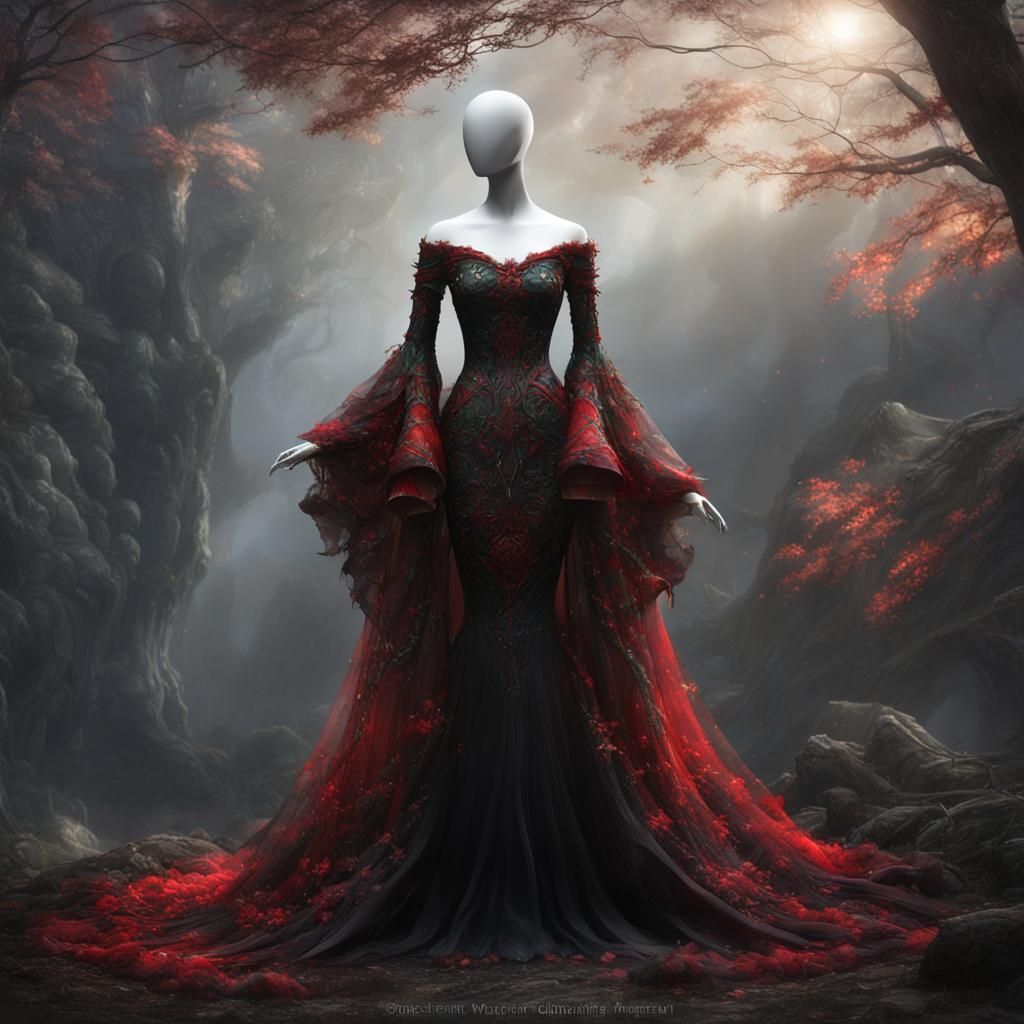 slim elf dress on a dress form, black, red, fantasy core, fa...