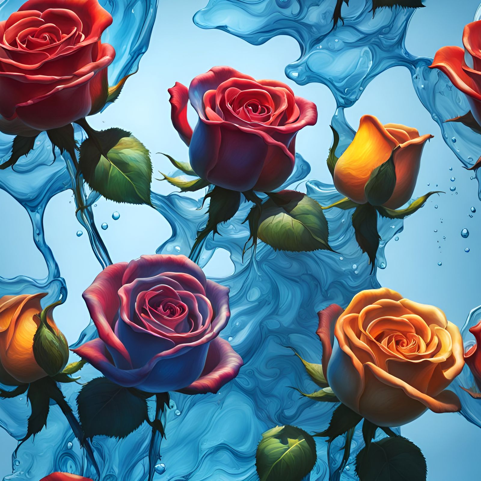 oily glass melting three roses hazy background of blue
