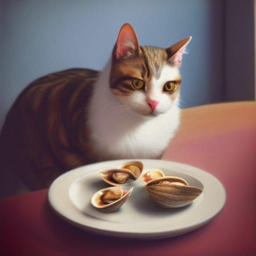 cat eating, Clams on a plate AI Generated Artwork NightCafe Creator