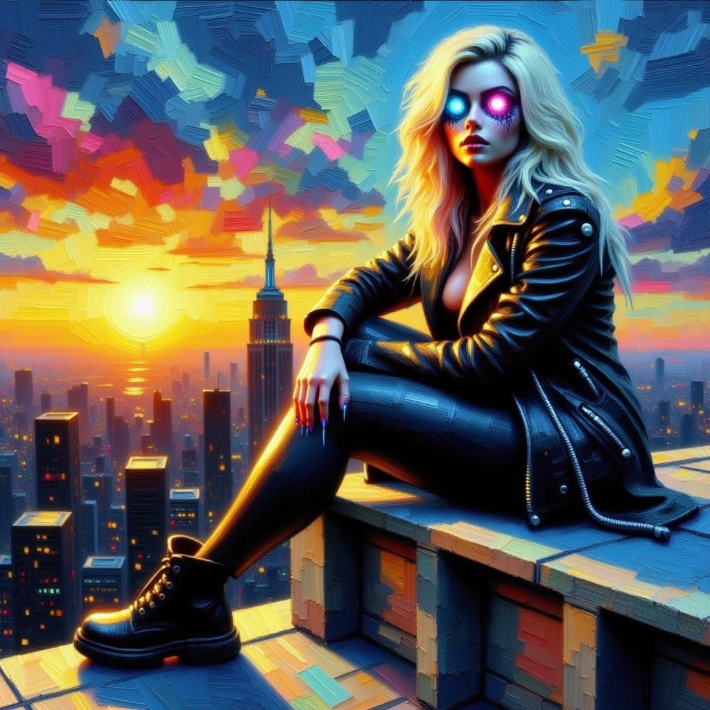 An impasto painting of a plus size blonde woman with glowing eyes sat on a rooftop at dawn in a cyberpunkcity. Drips. Dynamic lighting <lora...