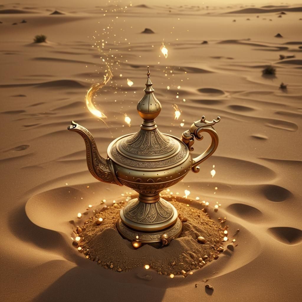 gold magical lamp in the desert - AI Generated Artwork - NightCafe Creator