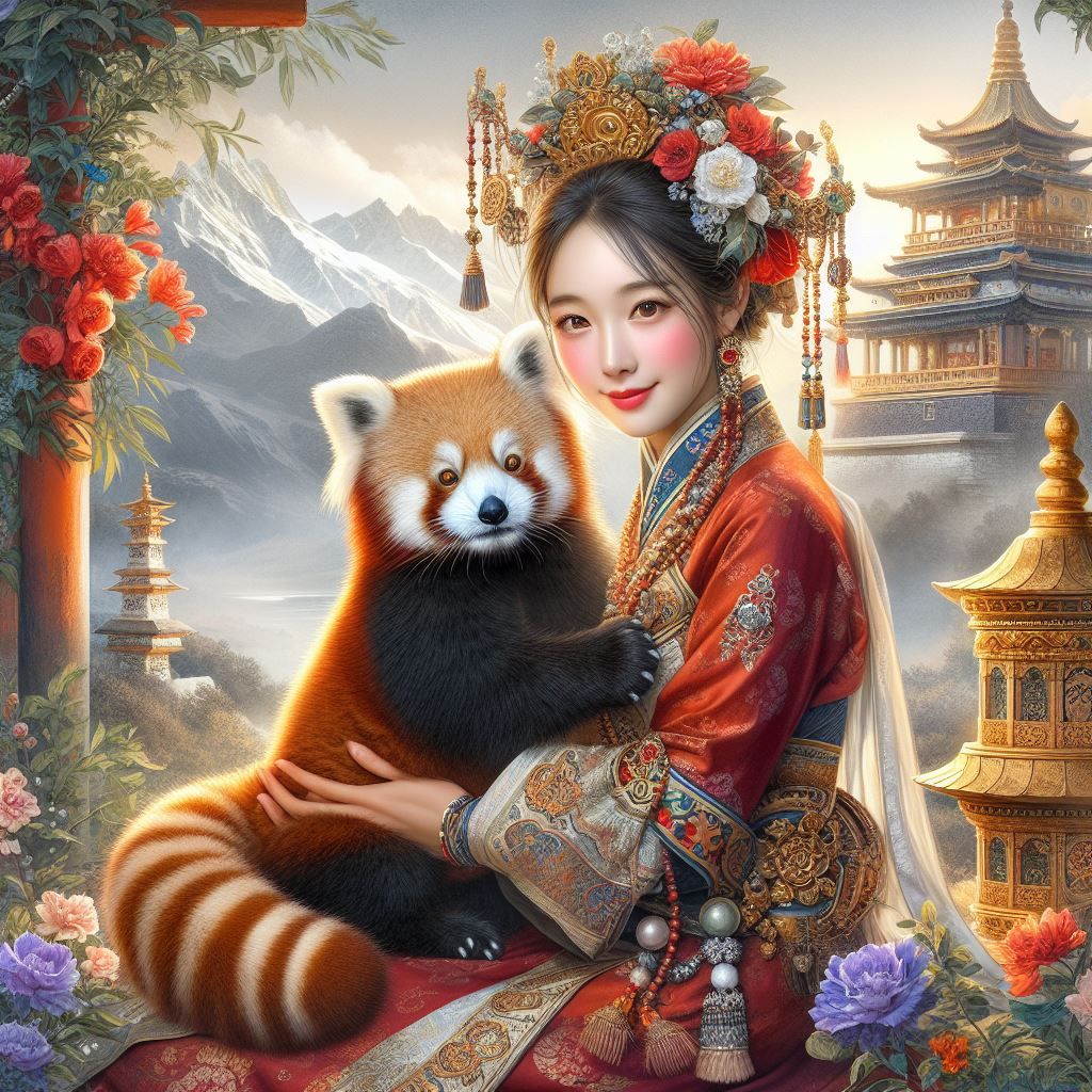 Tibetan Maiden and Red Panda