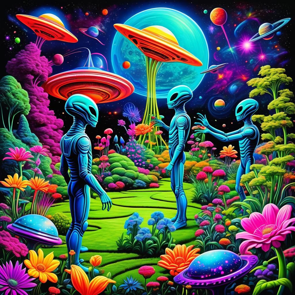 Fluorescent intergalactic surrealism, aliens tending a garden in space ...