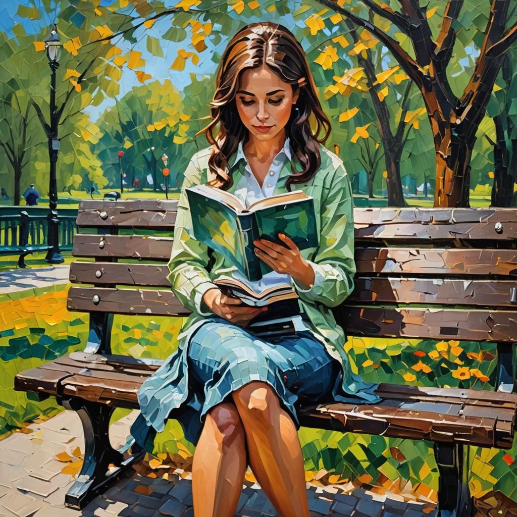 Impasto pallet knife oil painting of a girl reading a book on a park bench, thick paint, visible thick ...  by @undefined