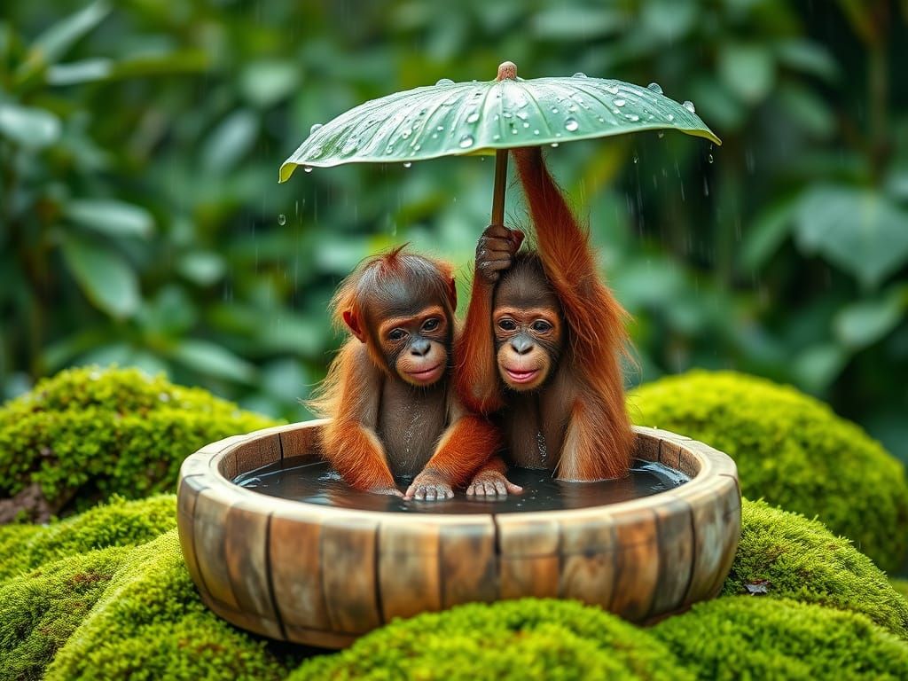 Two baby orangutans sit in a small, natural wooden basin filled with water.  by @Aurora