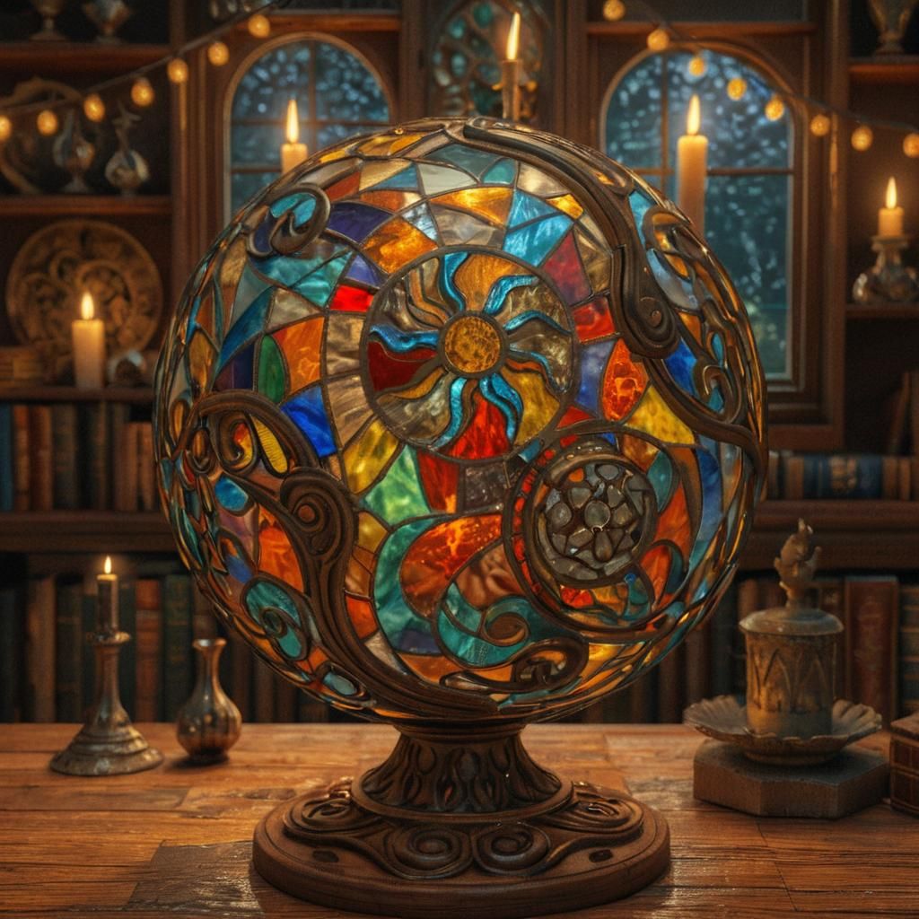 Stained Glass Sphere in Cozy Room, Dreamlike Render