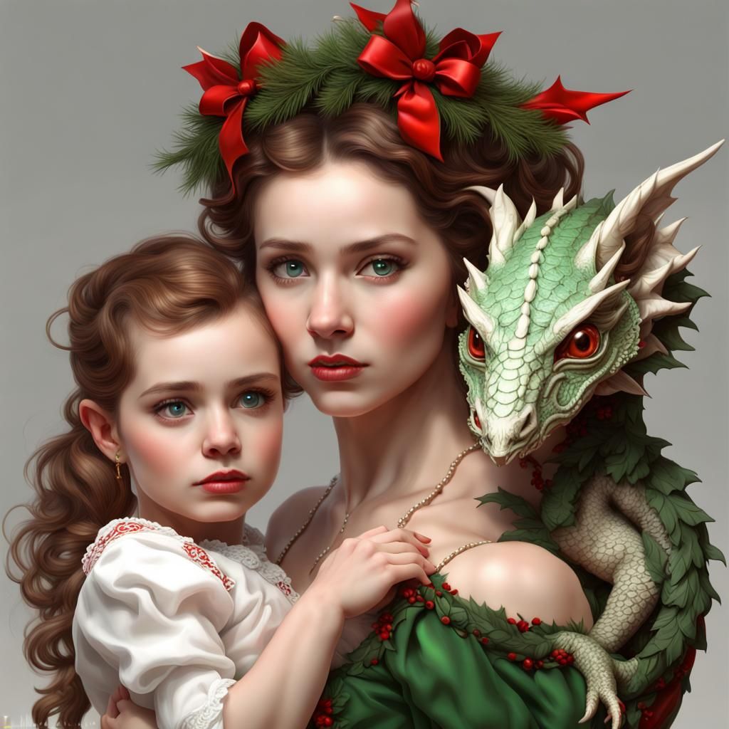 beautiful christmas style woman holding a baby dragon in han...