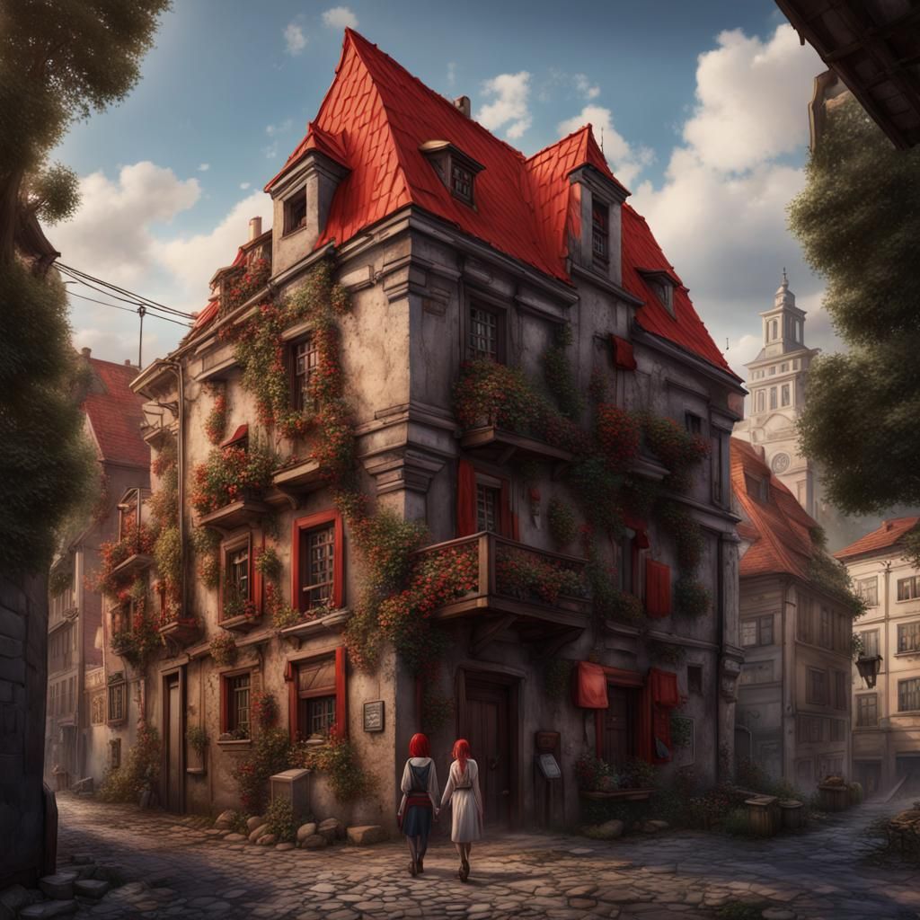 belgrade,bilding,old stile,red roof,two black hair boys,one ...