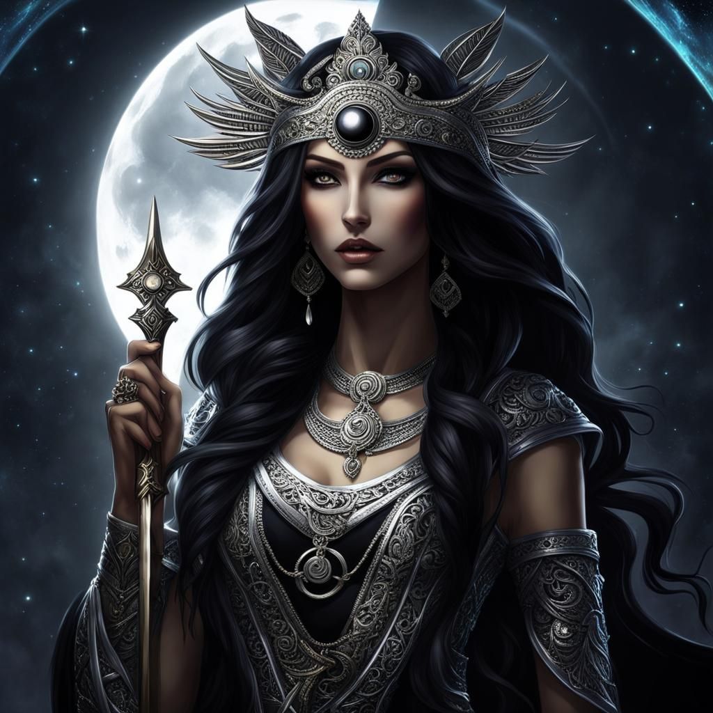 a female named Nyx god of the night she has a staff that glows sliver ...