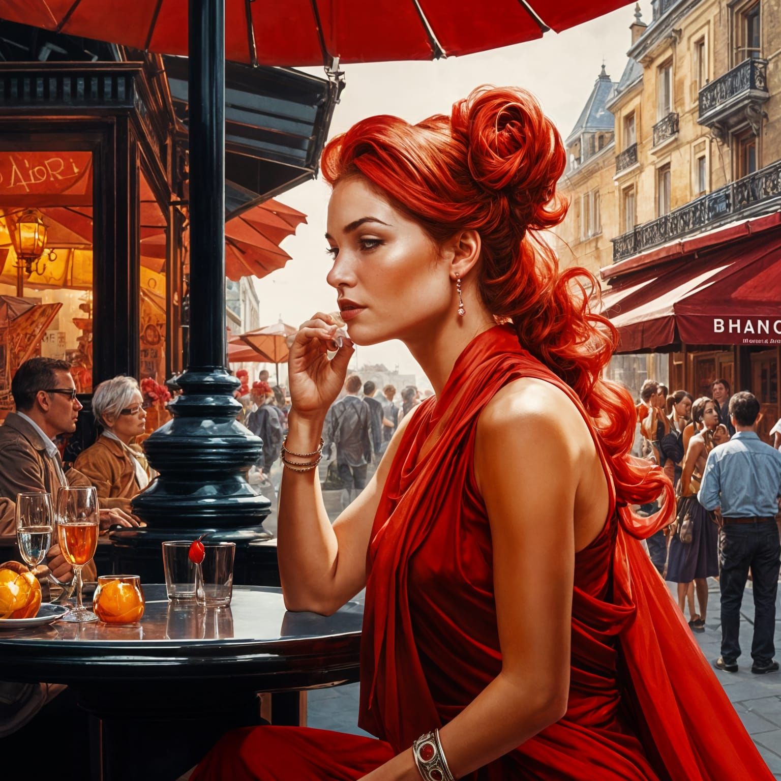Ink splash woman wearing a red head scarf at an outdoor cafe...