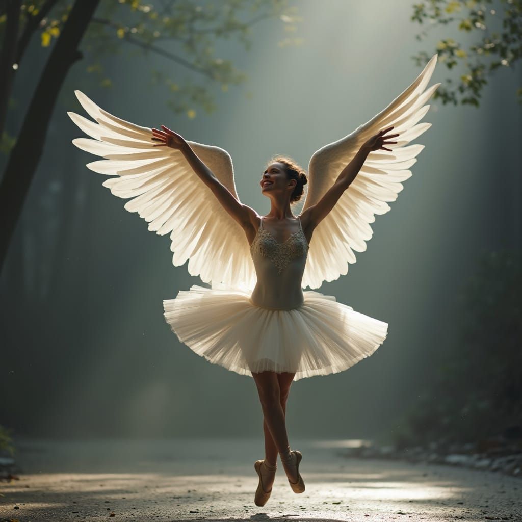 A ballet dancer is lifted up, off of her toes into the air with large wings. She smiles at us, knowing she is flying