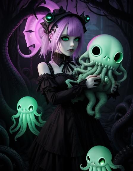 A Adorably Terrifying Pastel Punk Princess cuddling a Cthulh...