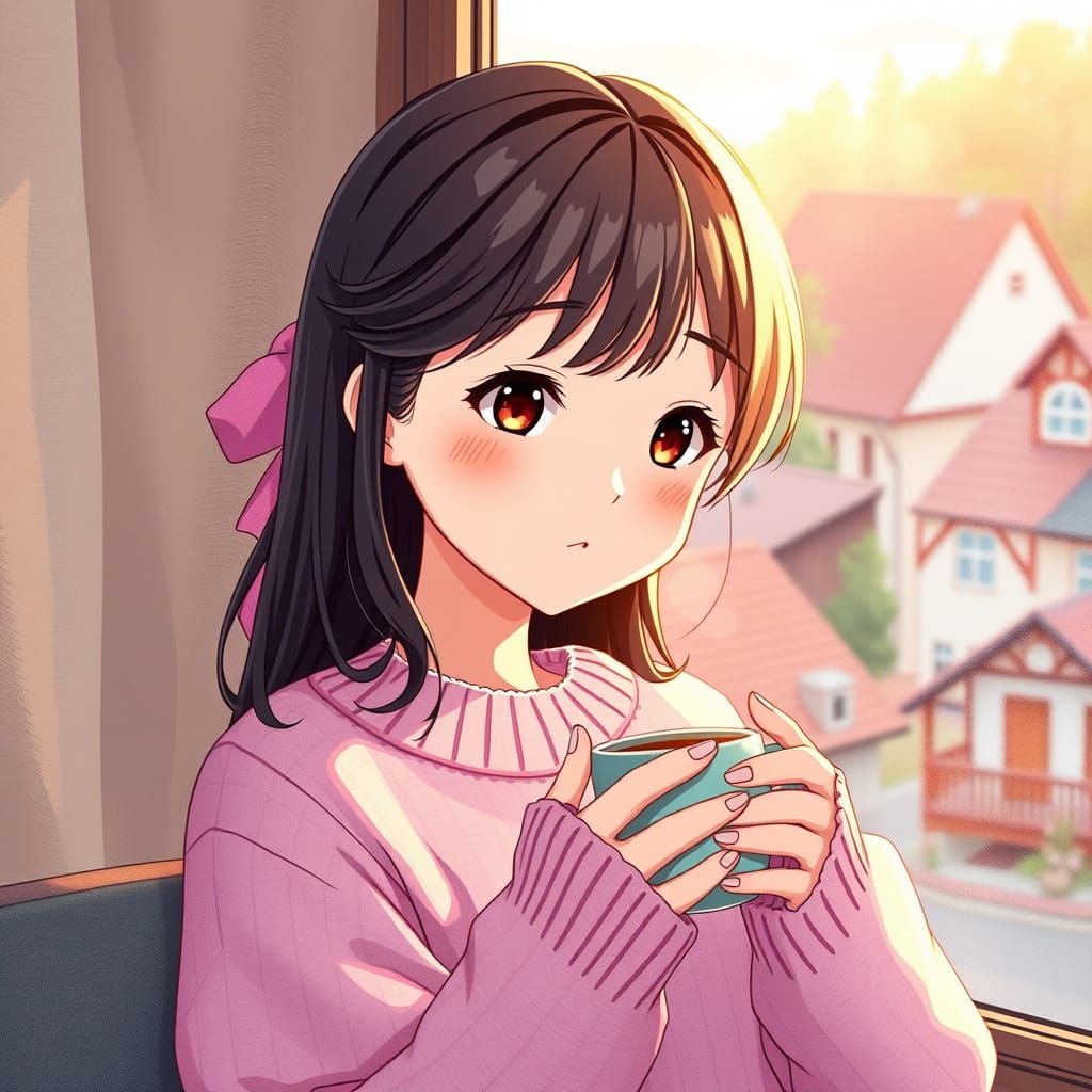 Cute Anime Girl in Cozy Monday Morning Scene