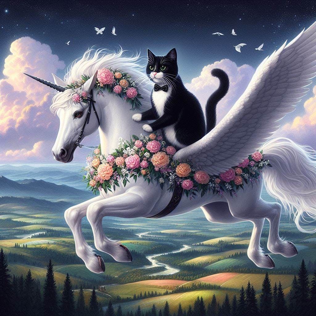 Tuxedo Cat, Teddy, on a Pegasus