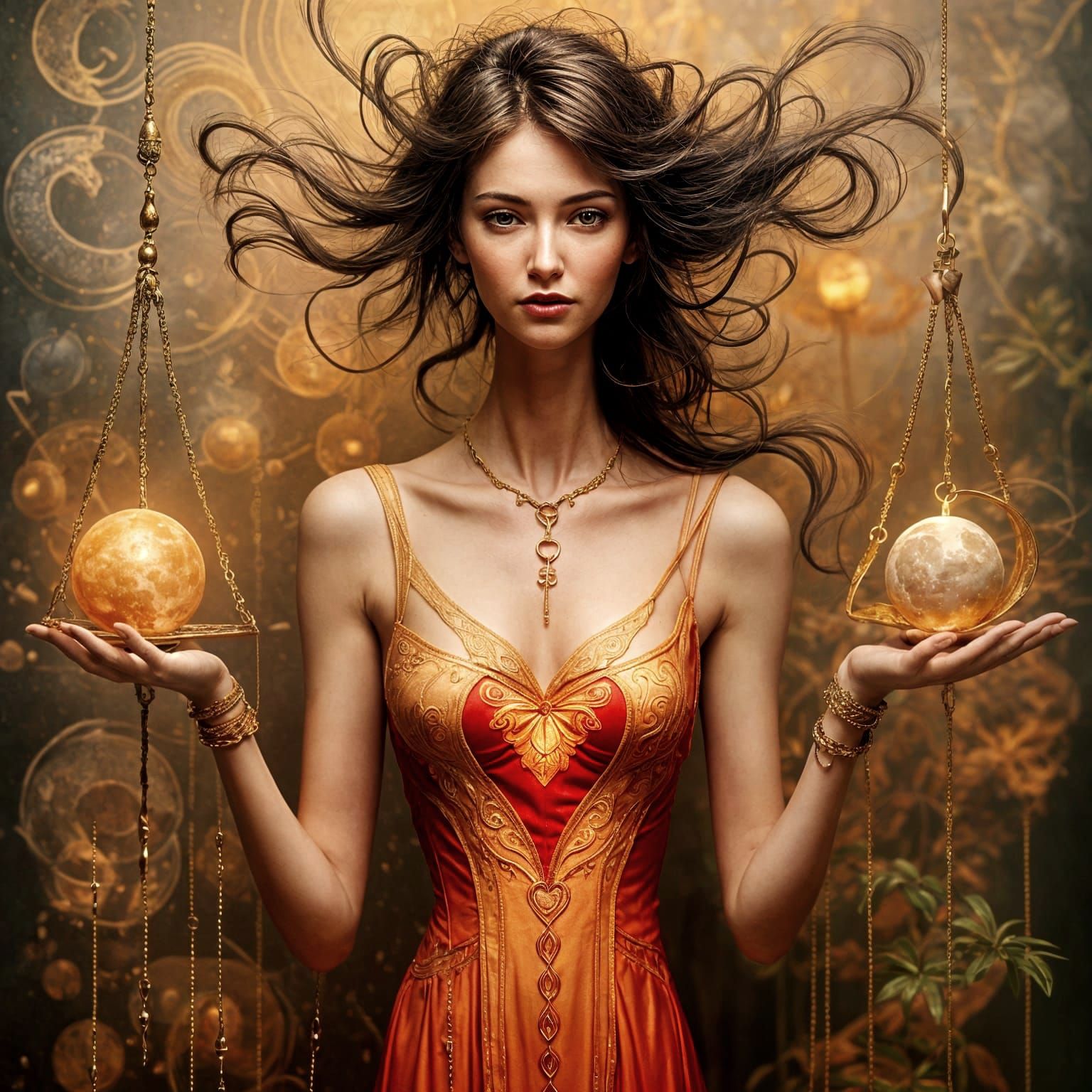 A delicate, ethereal female figure seemingly woven from air. She has a thin circlet on her head, from which chains exten...