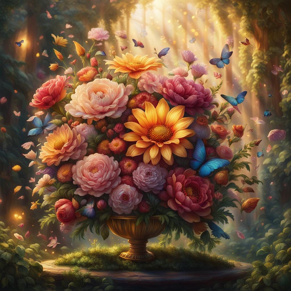 Floating Bouquet in Golden Light: Fantasy Still Life