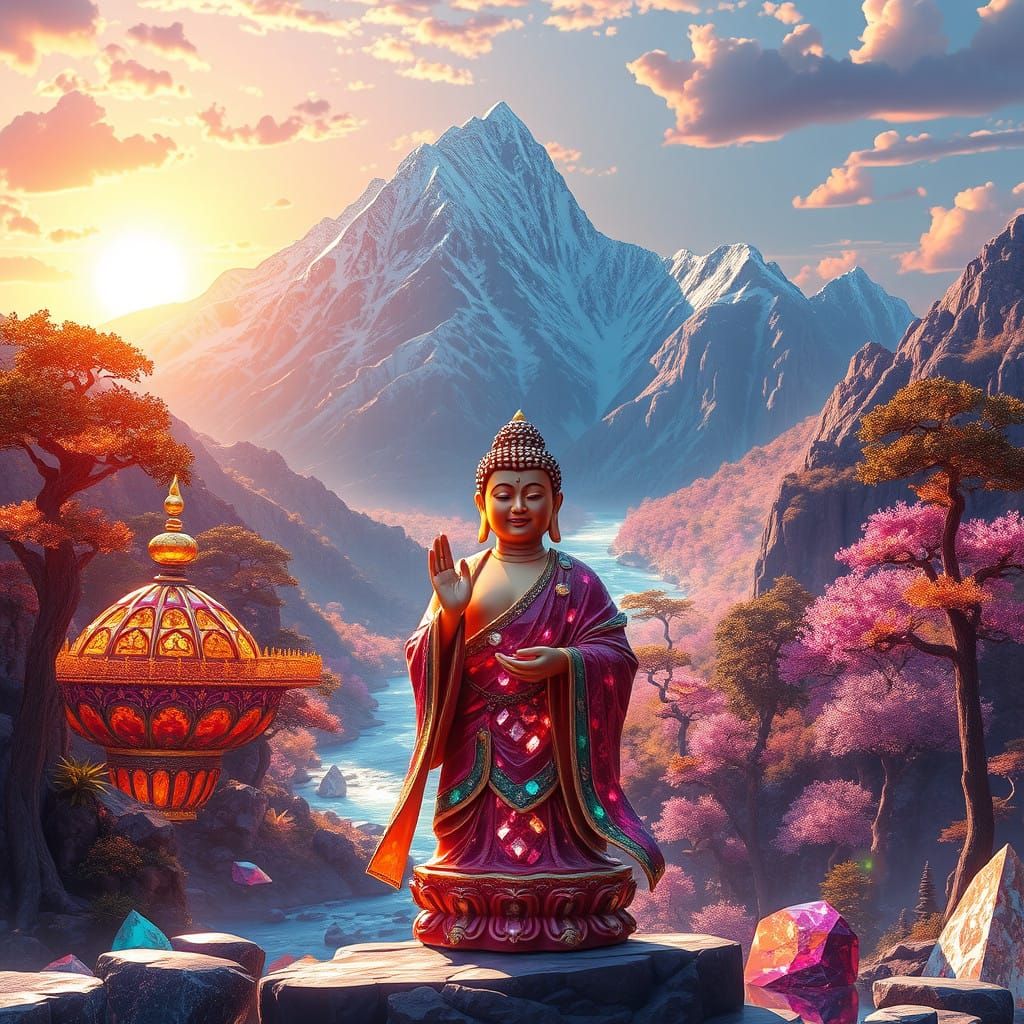 Bodhisattva Offers Alms Amidst Luminous Jewel-Encrusted Land...