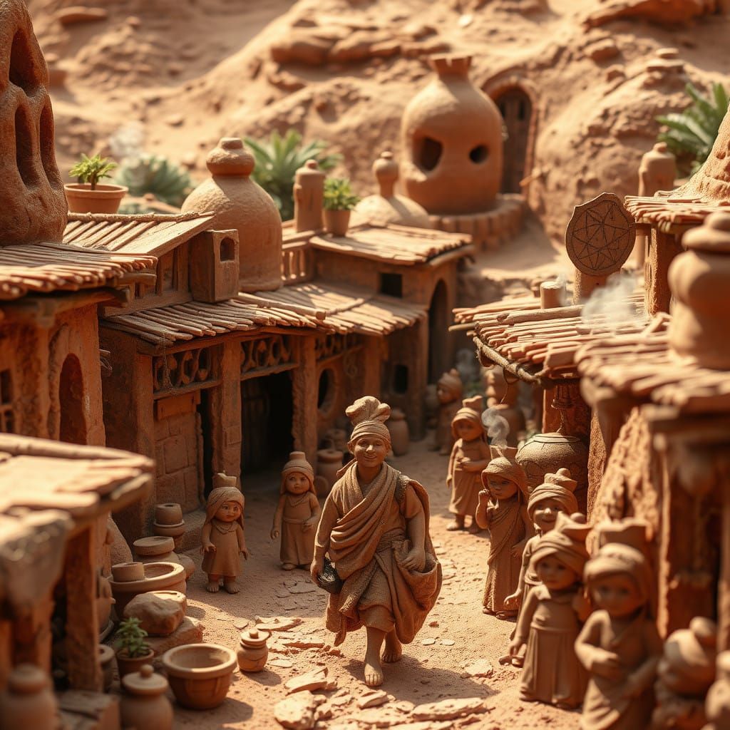 A bustling village scene where homes, shops, and people are all formed from clay. Realistic  by @Nous