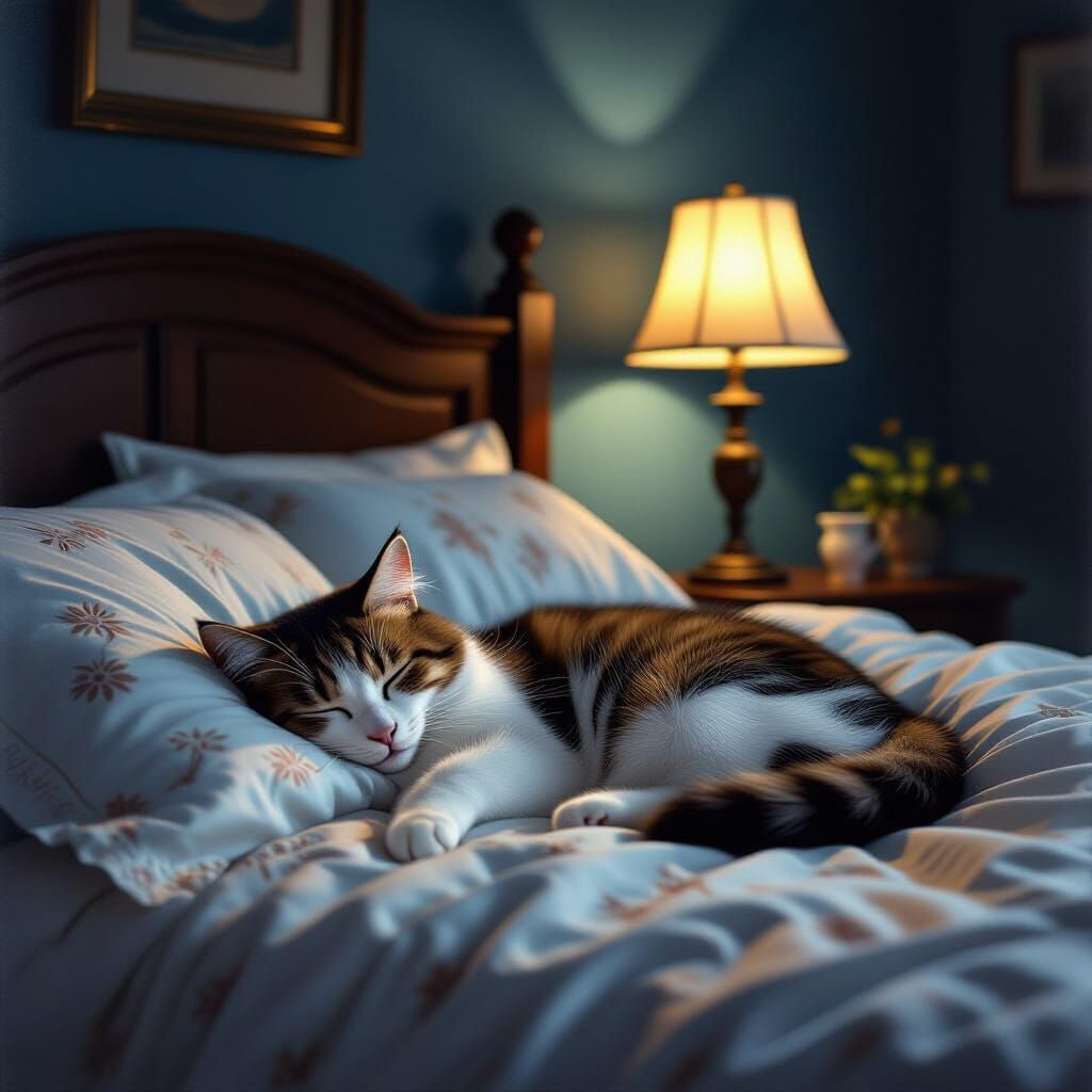 Dreamy Cat Sleeping in Soft Lamplight