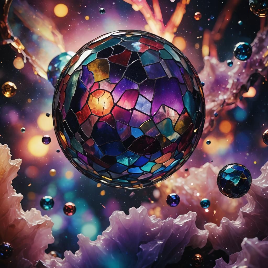 in the dark space a planet made of multi-colored stained gla...