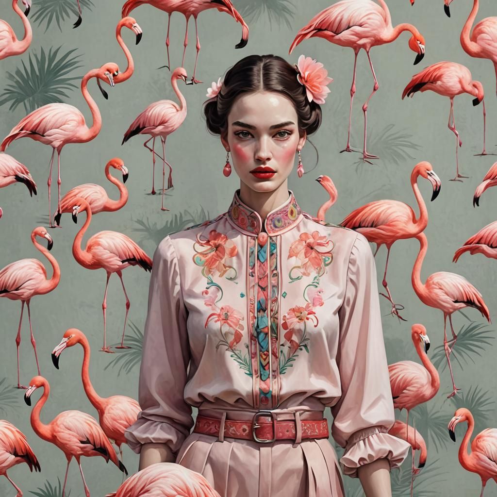 Flamingo Woman with striking features, adorned with soft mut...