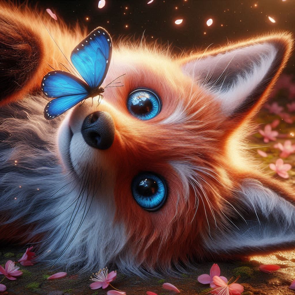 adorable Red Fox admiring blue butterfly