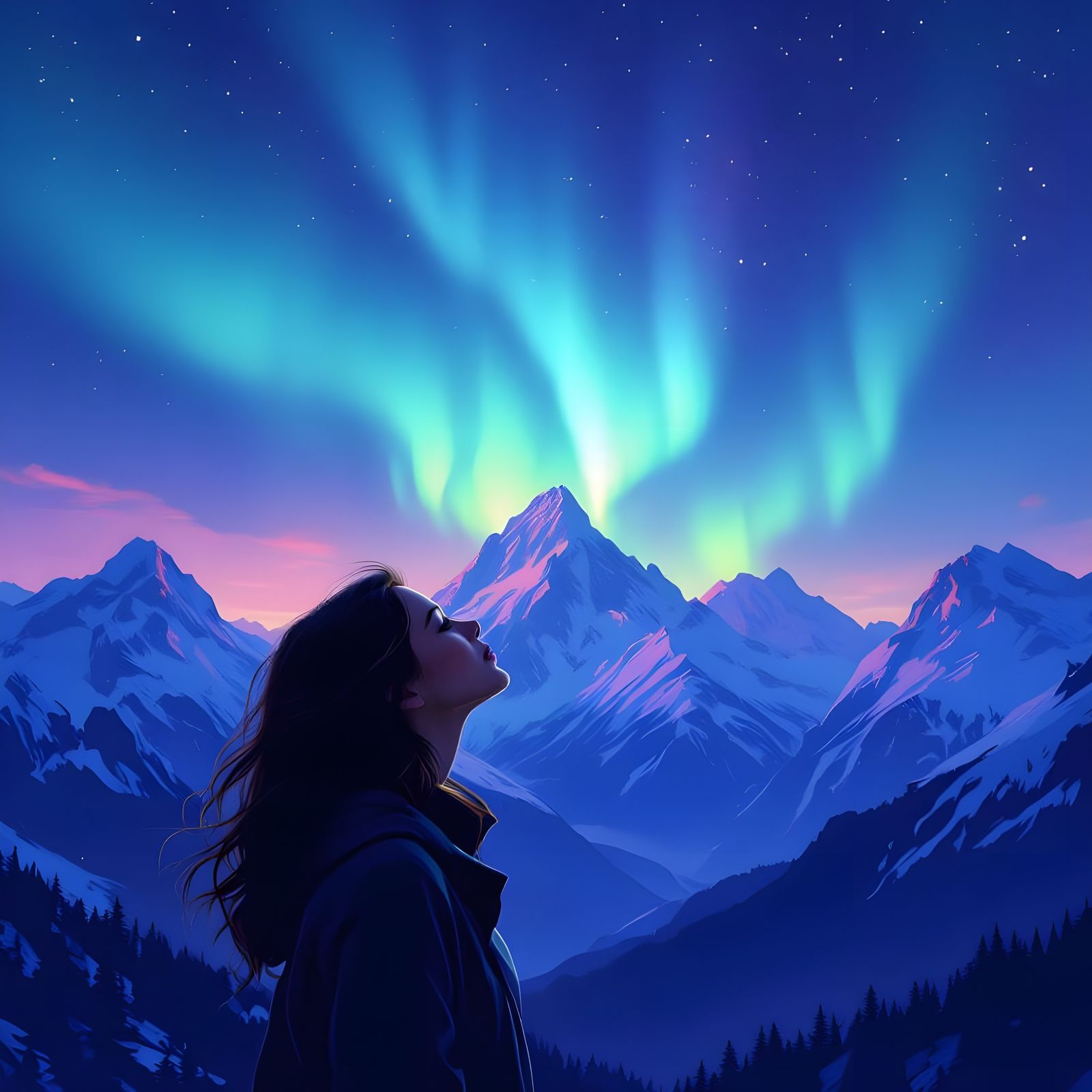 Woman Gazes at Aurora Borealis Over Mountains