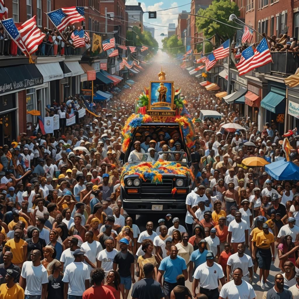 À parade going down the street with lots of floats and peopl...