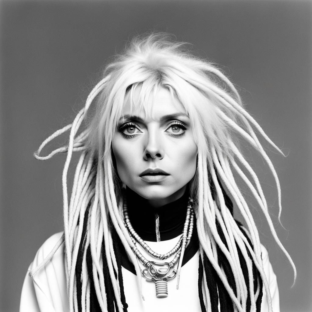 Debbie Harry with long platinum, blonde, dreadlocks