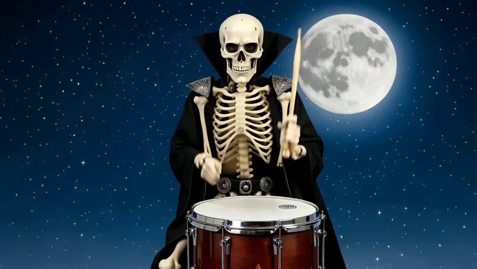 A SKELETON PLAYING DRUMS TO A HEAVY METAL SONG UNDER A FULL MOON IN A STARLIT SKY