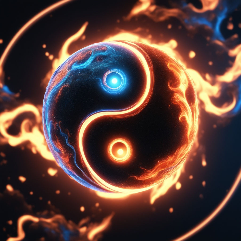 The earth, covered in a yin yang of fire and wind