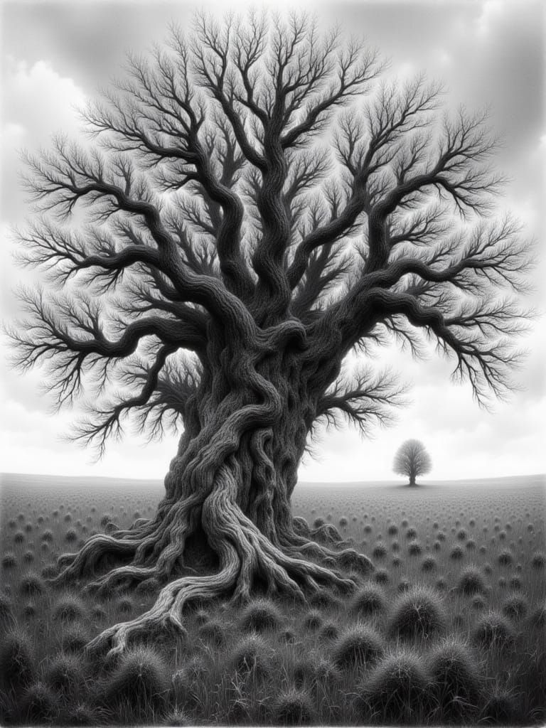 Ancient Oak Tree Charcoal Drawing in Monochromatic Style