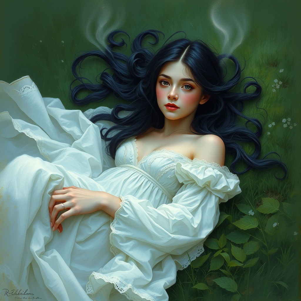 Dreamlike Woman on Lawn in Pre-Raphaelite Style