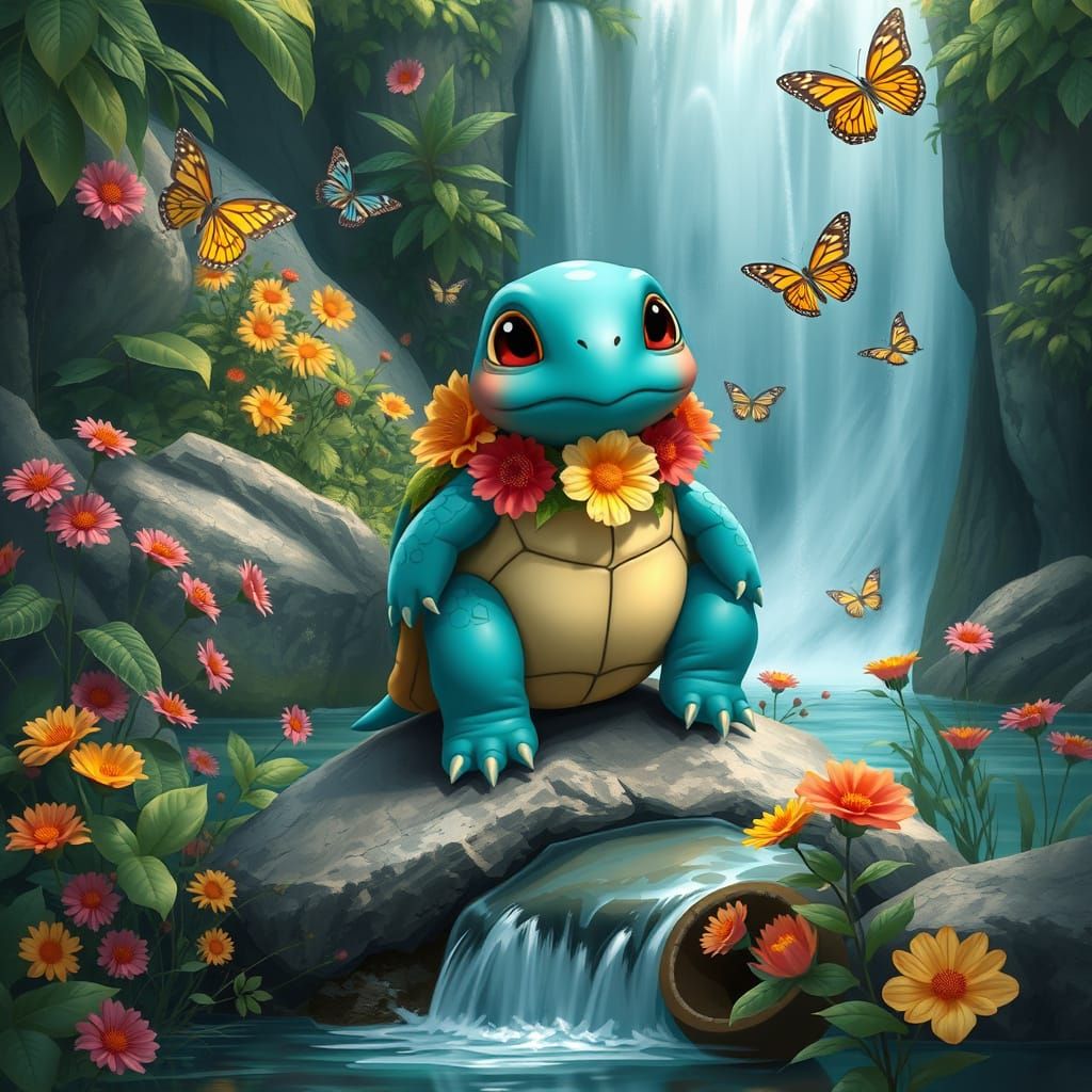 Turquoise Turtle with Flower Garland by Waterfall