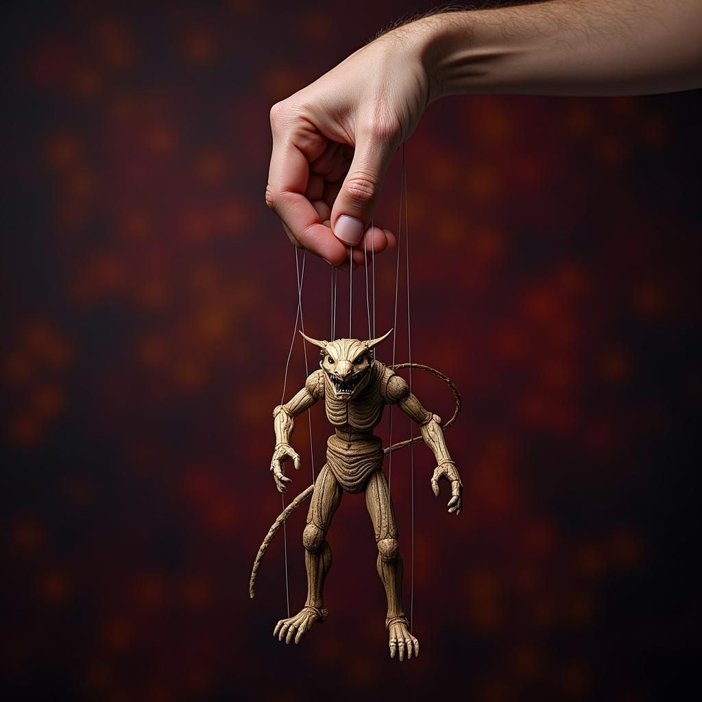 Hand Manipulating Wooden Puppet: Fantasy Digital Art