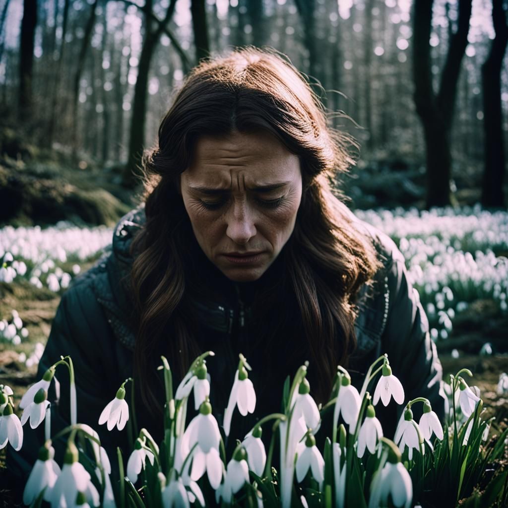 A woman weeping, her tears turn to snowdrops as they hit the ground ...