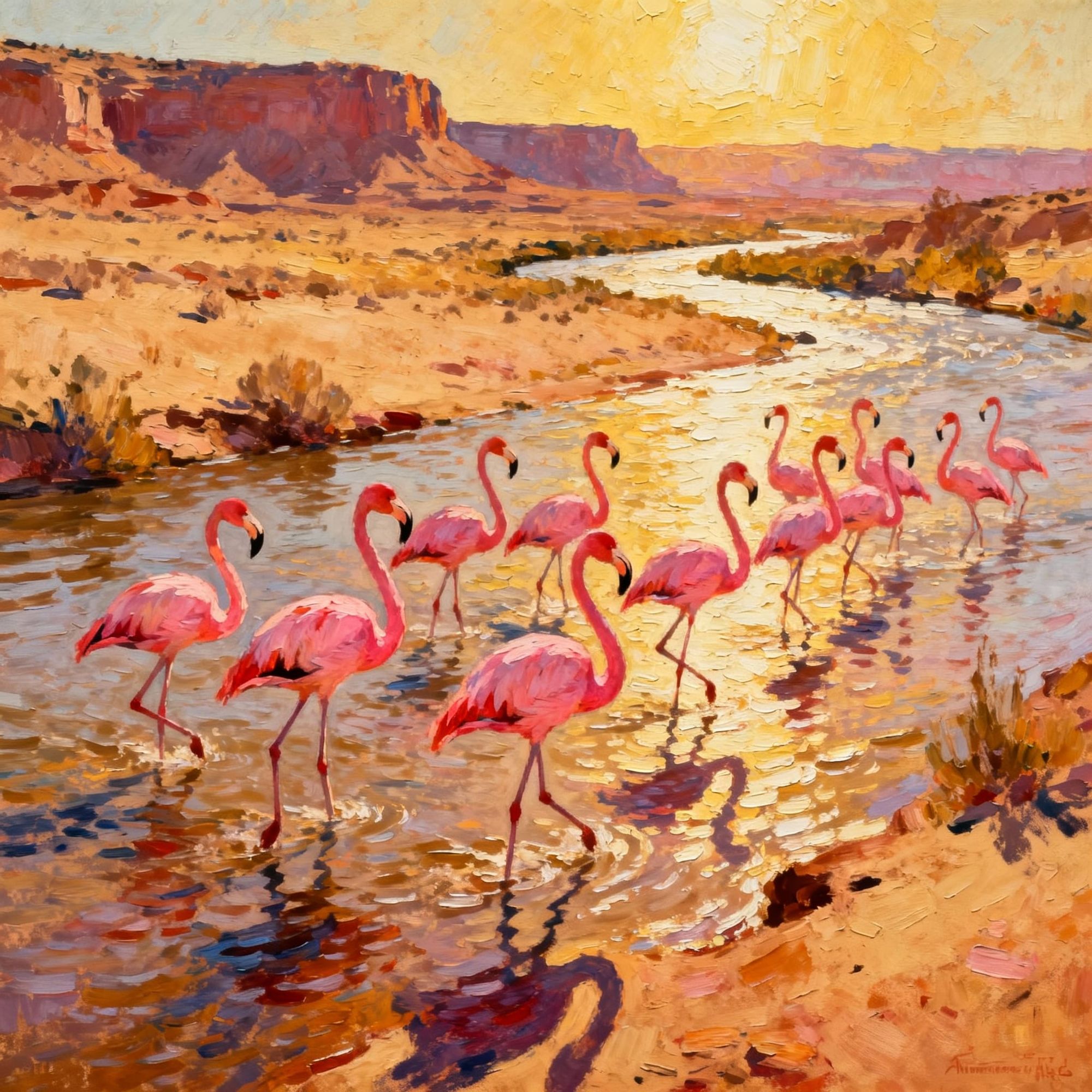A vibrant flock of flamingos wading through a shallow, sun-drenched river in the American West, their pink plumage stark against the dusty o...