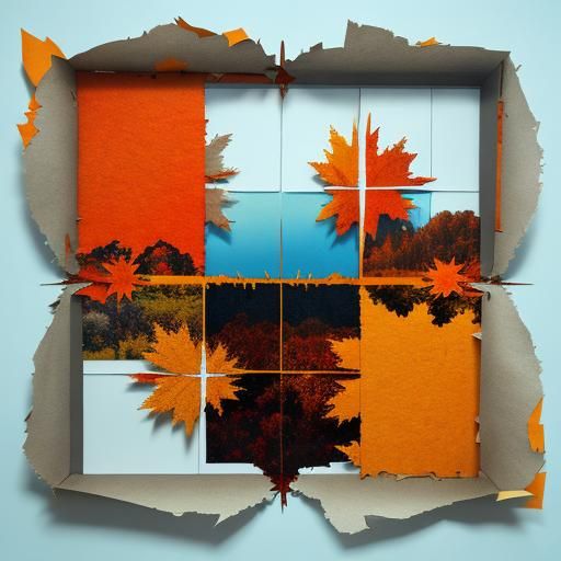 torn paper pieces collage art, Monnet - autumn, 3D, red, yel...