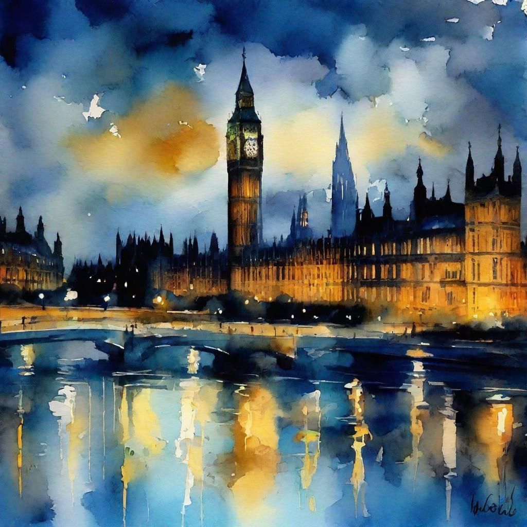 watercolor art, a painting at night looking across the river towards Westminster, in the style of harsh ...  by @Andy Does AI