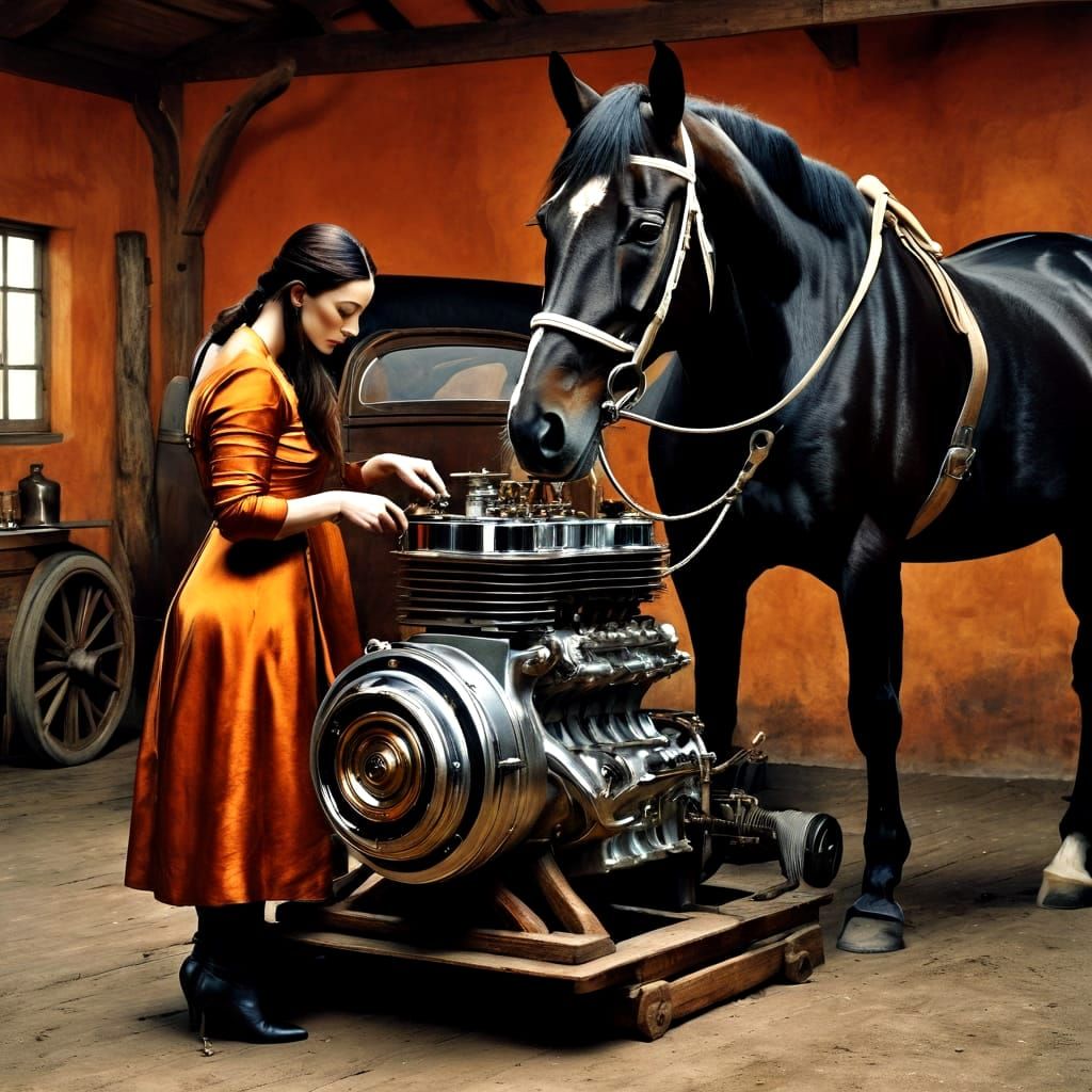 Medieval Ladies in a Surreal Stable Scene