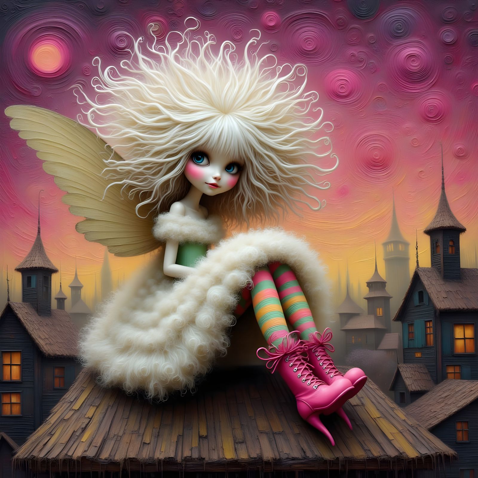 Faerie Doll on Rooftop in Surreal Impasto Style