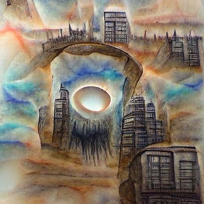 Dimensional portal in a mystical cityscape ink and wash 8k