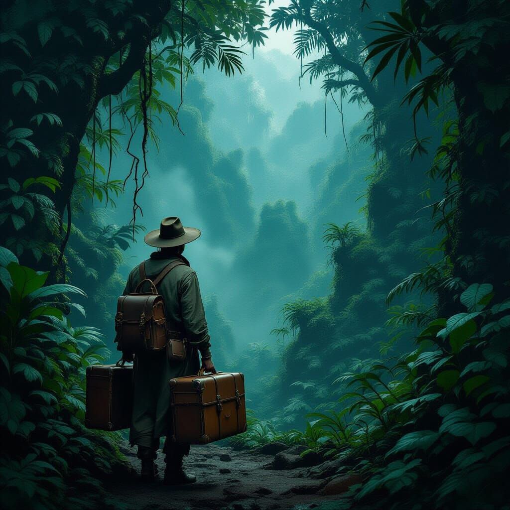 Traveler at Jungle Edge in Atmospheric Realism Style