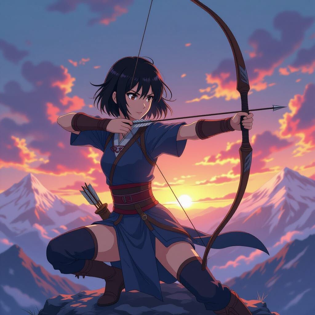 Anime Archer Woman at Sunset - Shinkai Style