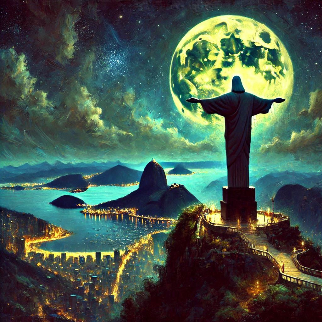 Painting inspired by casper david friedrich. Full moon behind the statue of Christ the Redeemer in Brasil