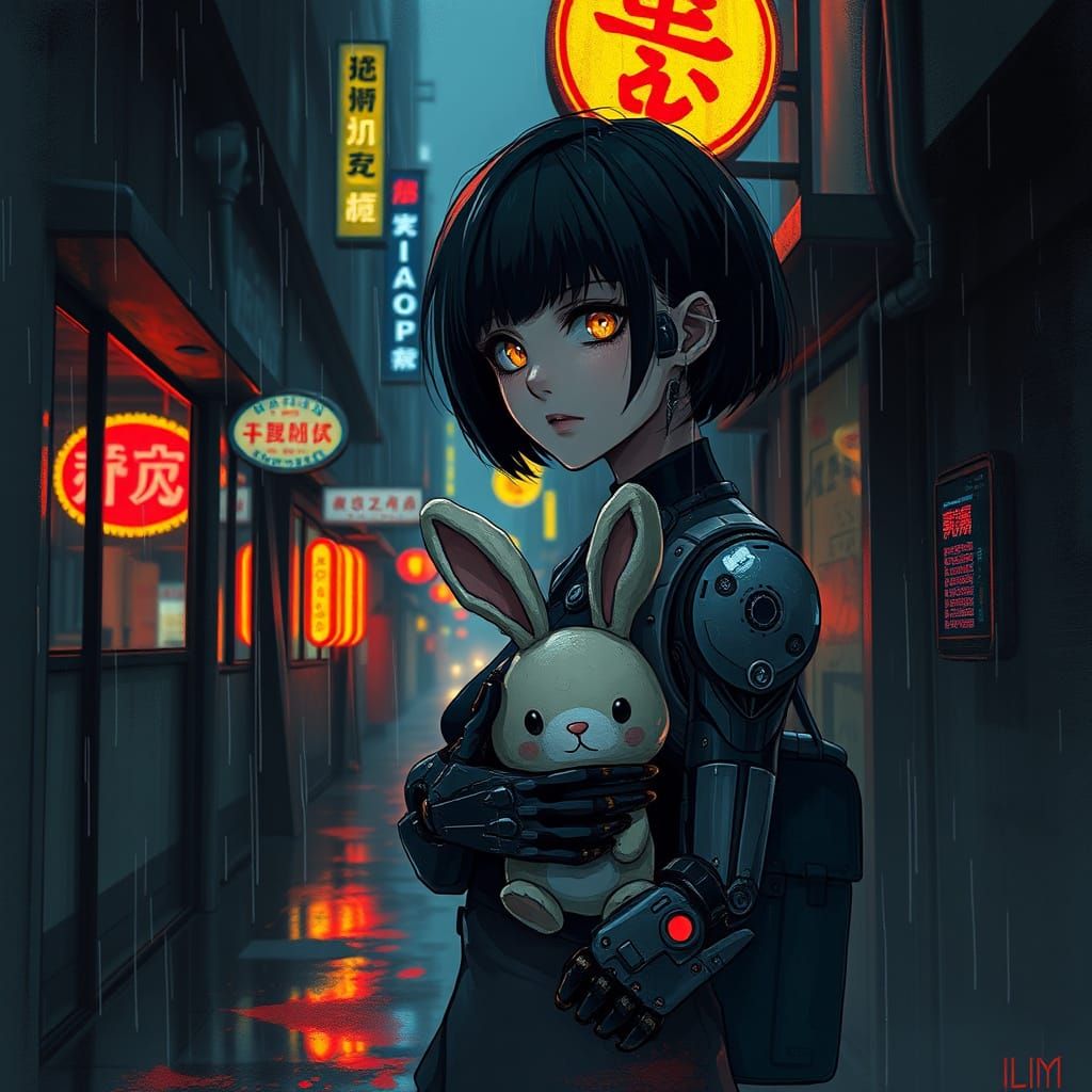 Cyborg Woman in Neon Alley with Rabbit Plushie