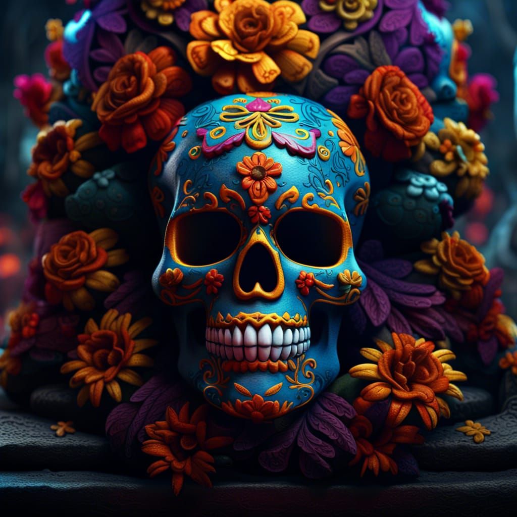 A skull in mexican tradition of dia de los muertos detailed matte painting, deep color, fantastical, ...  by @KrystofM75