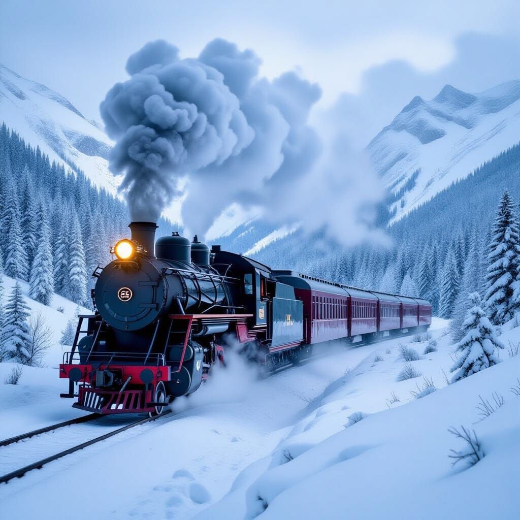 A vintage steam train, its carriages glowing warmly from within, chugs through a blizzard-swept mountain ...  by @Shebali