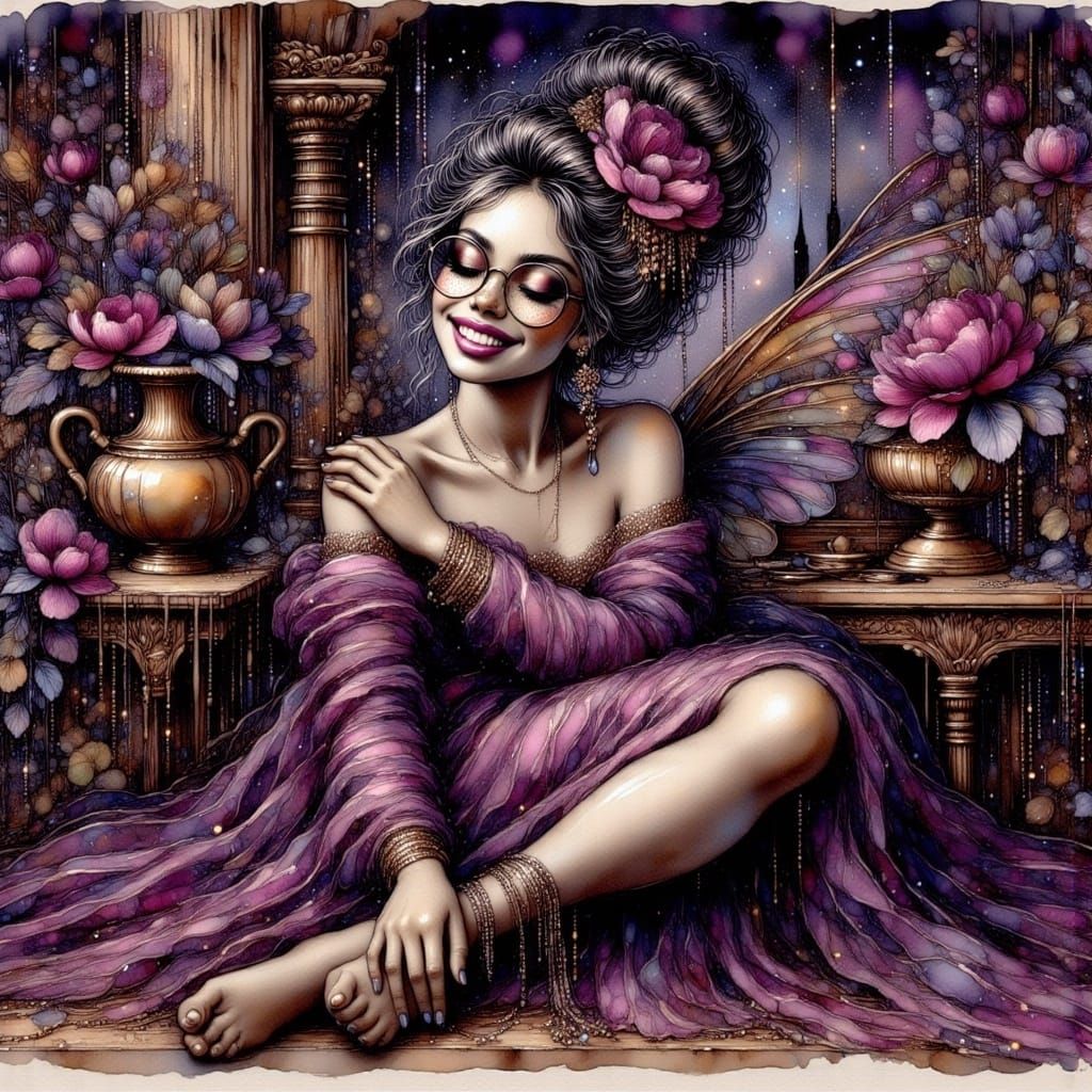 <lora:Glitter Fairy:1.0> <lora:Ink Poet:1.0> né dans la pourpre, born in the purple  by @Dengate Design